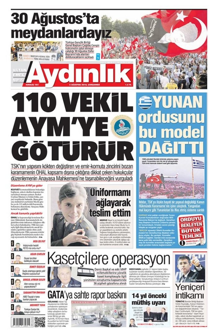 Günün gazete manşetleri  3 Ağustos 2016