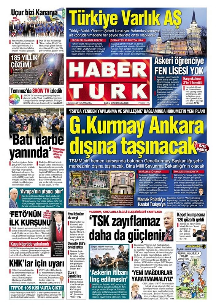Günün gazete manşetleri  3 Ağustos 2016