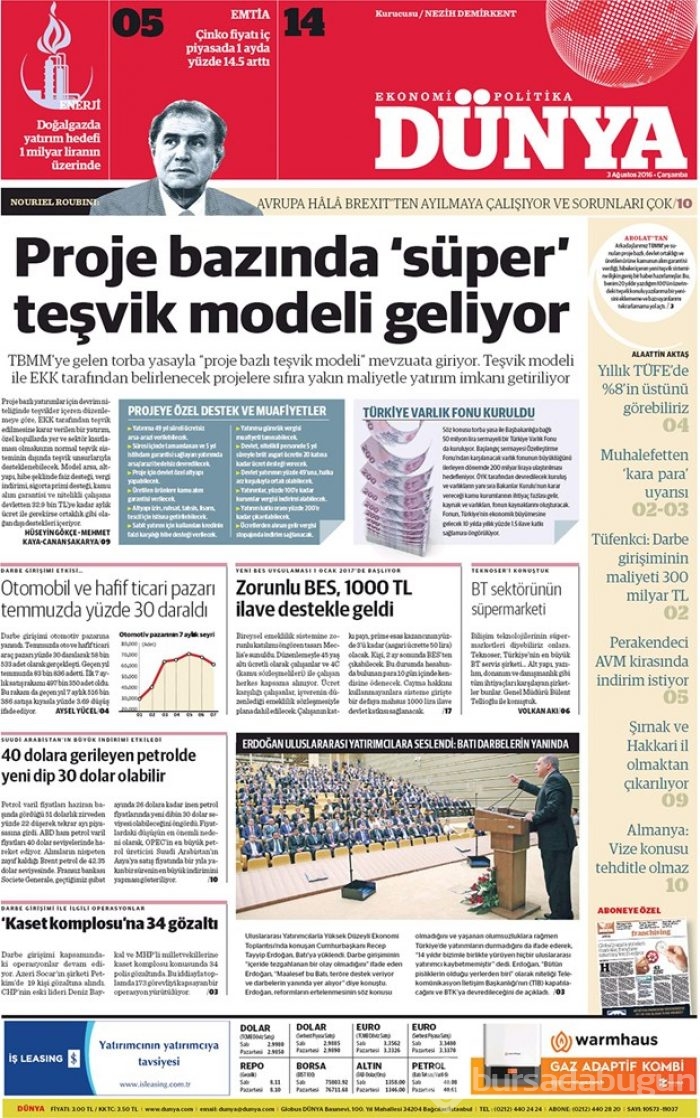 Günün gazete manşetleri  3 Ağustos 2016