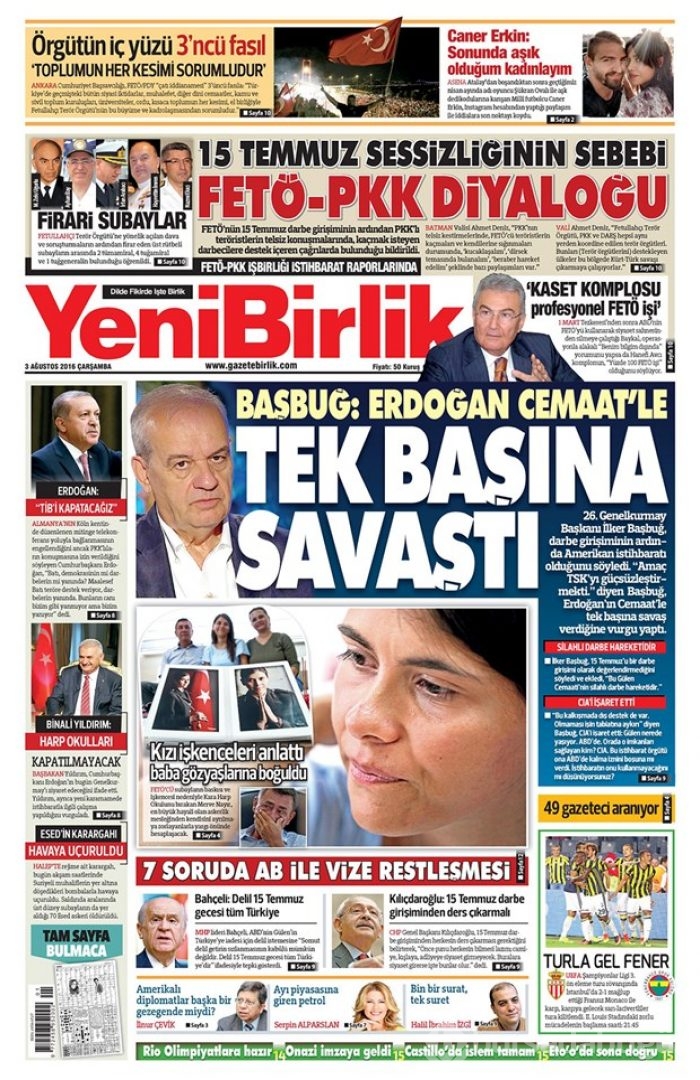 Günün gazete manşetleri  3 Ağustos 2016