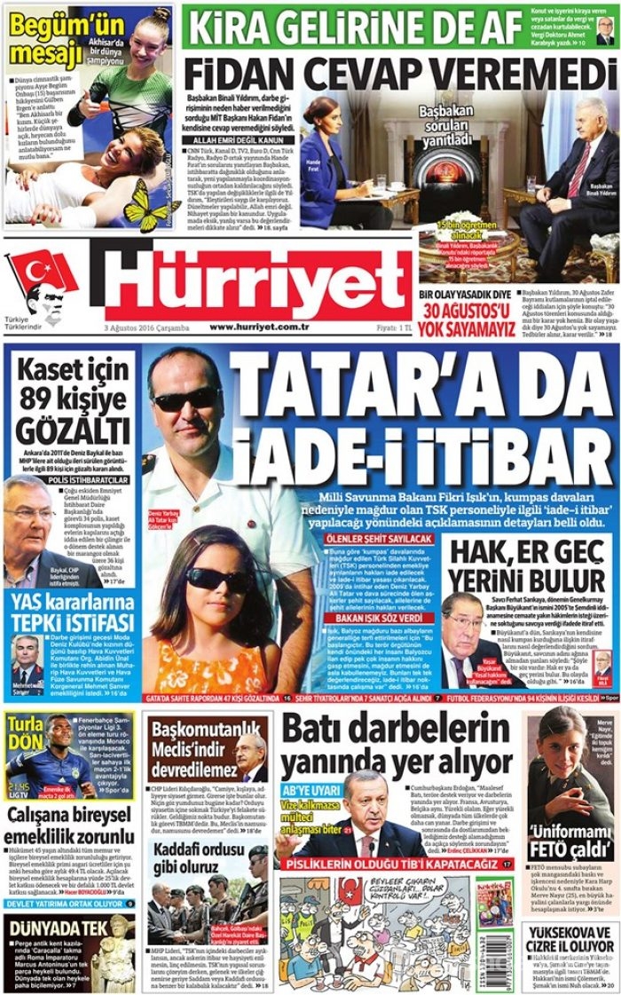 Günün gazete manşetleri  3 Ağustos 2016