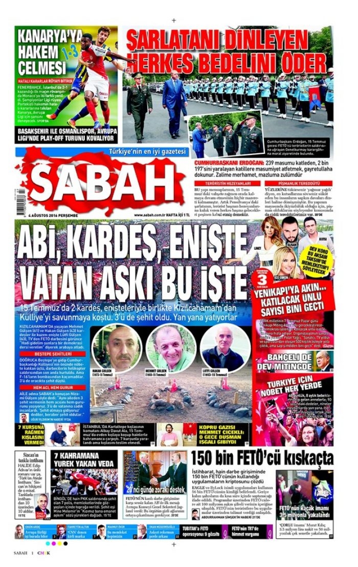 Günün gazete manşetleri 4 Ağustos 2016