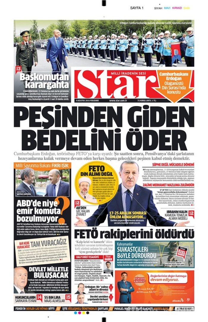 Günün gazete manşetleri 4 Ağustos 2016