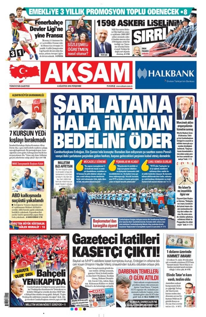 Günün gazete manşetleri 4 Ağustos 2016