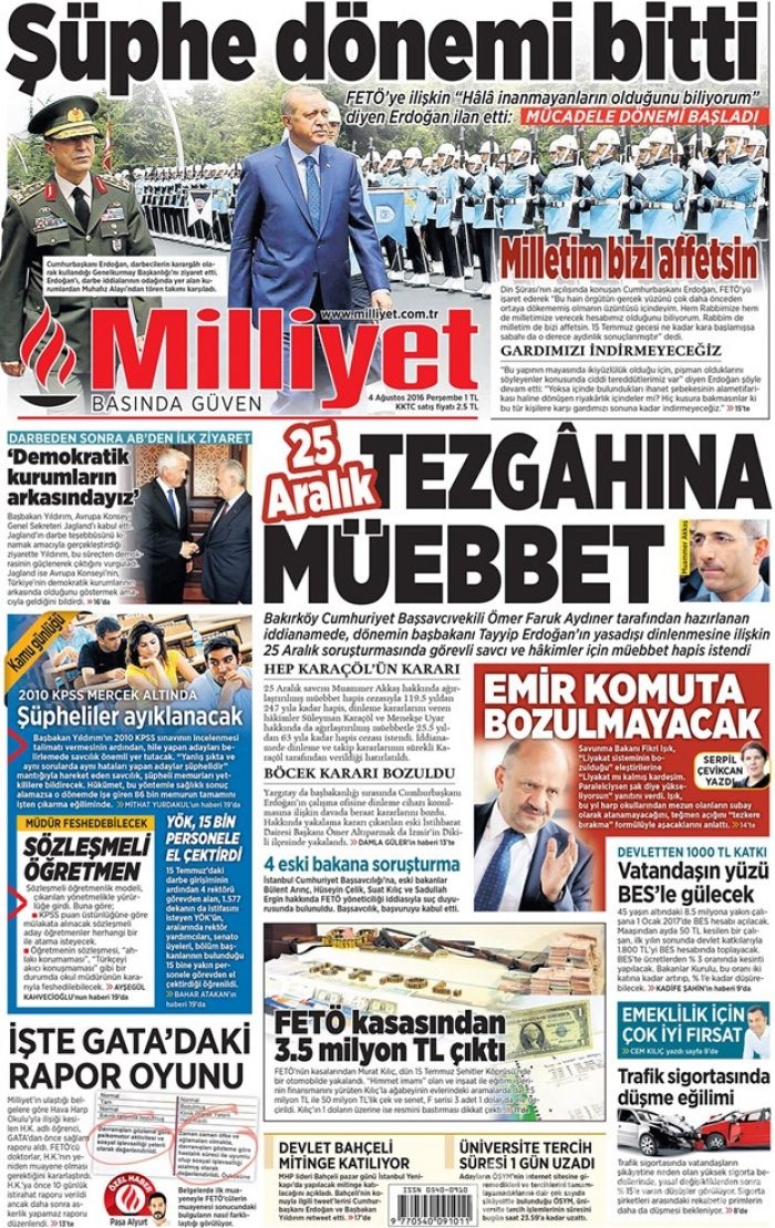 Günün gazete manşetleri 4 Ağustos 2016