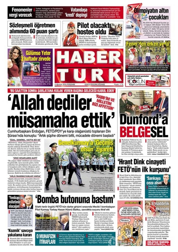 Günün gazete manşetleri 4 Ağustos 2016