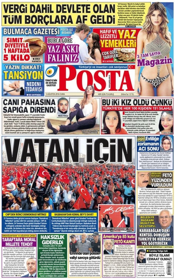 Günün gazete manşetleri 5 Ağustos 2016