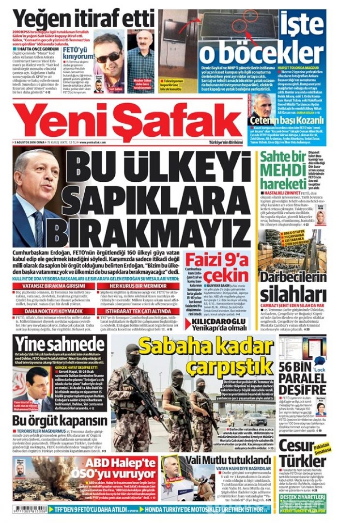 Günün gazete manşetleri 5 Ağustos 2016