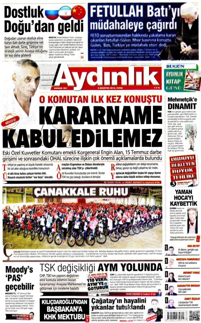 Günün gazete manşetleri 5 Ağustos 2016