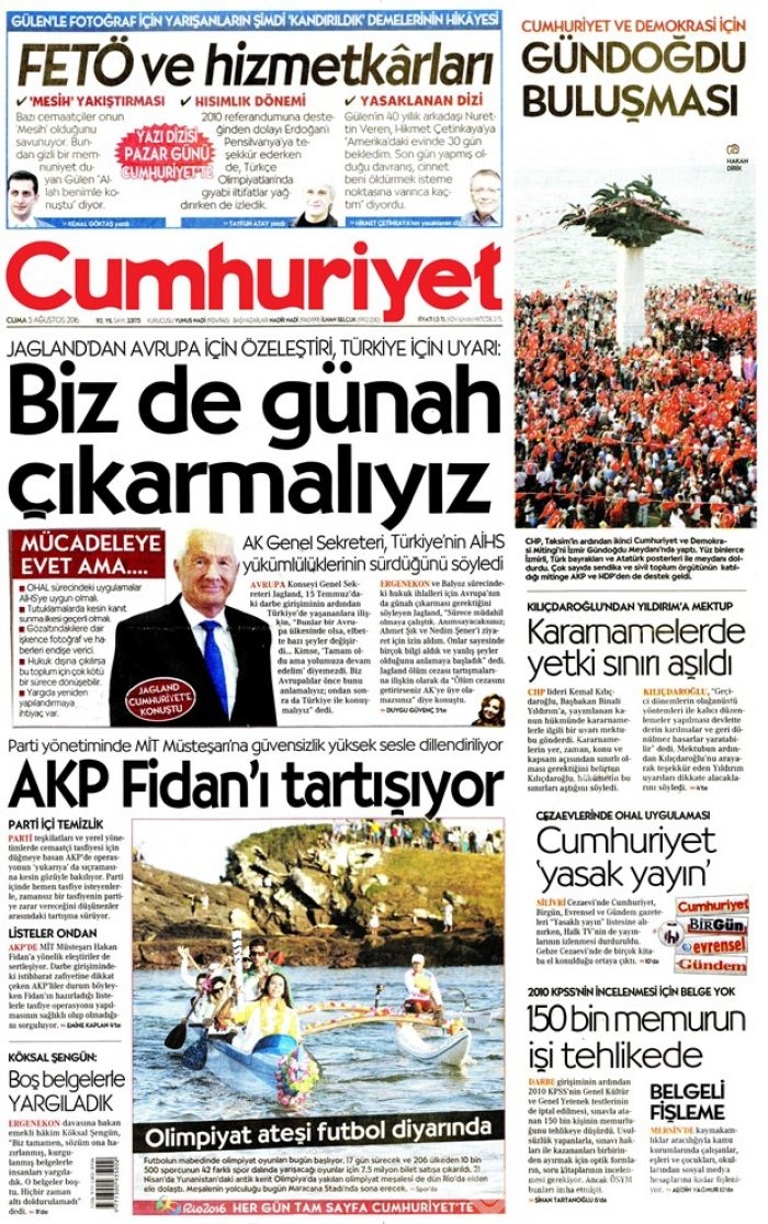 Günün gazete manşetleri 5 Ağustos 2016