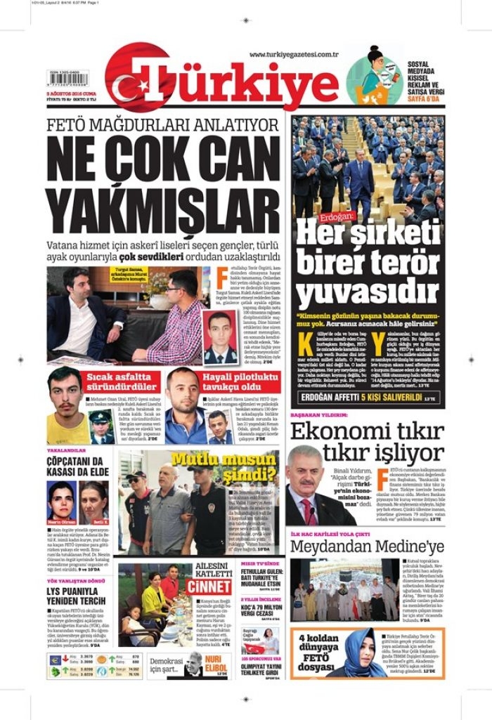 Günün gazete manşetleri 5 Ağustos 2016