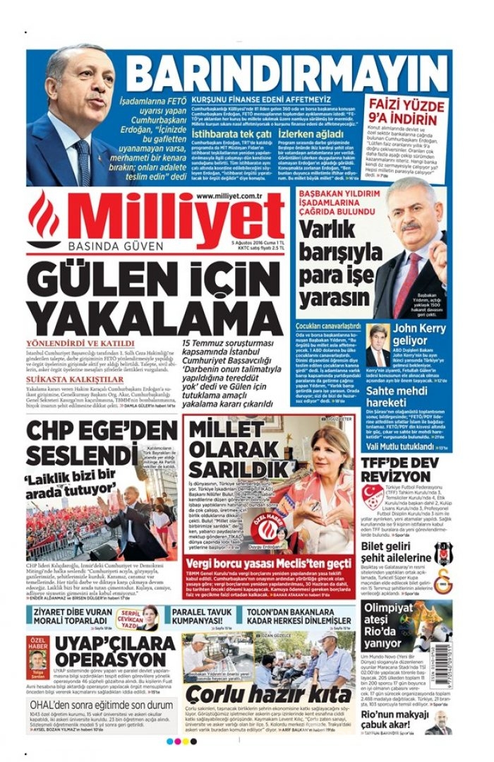 Günün gazete manşetleri 5 Ağustos 2016