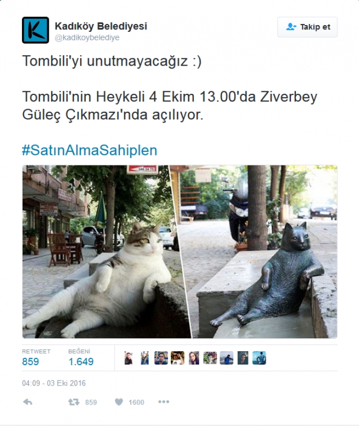 Kadıköy'ün kedisi ''Tombili'' heykeli açıldı