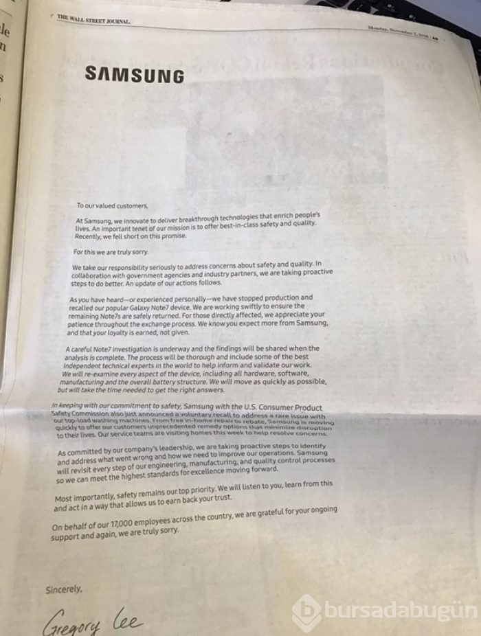 Samsung, Note 7 için tam sayfa ilan vererek özür diled