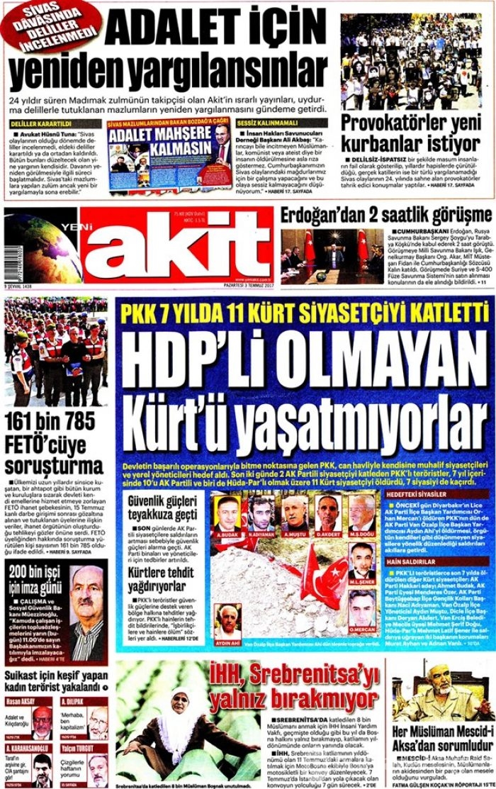 Günün gazete manşetleri: 3 Temmuz 2017