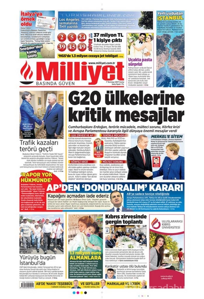 Günün gazete manşetleri 7 Temmuz 2017