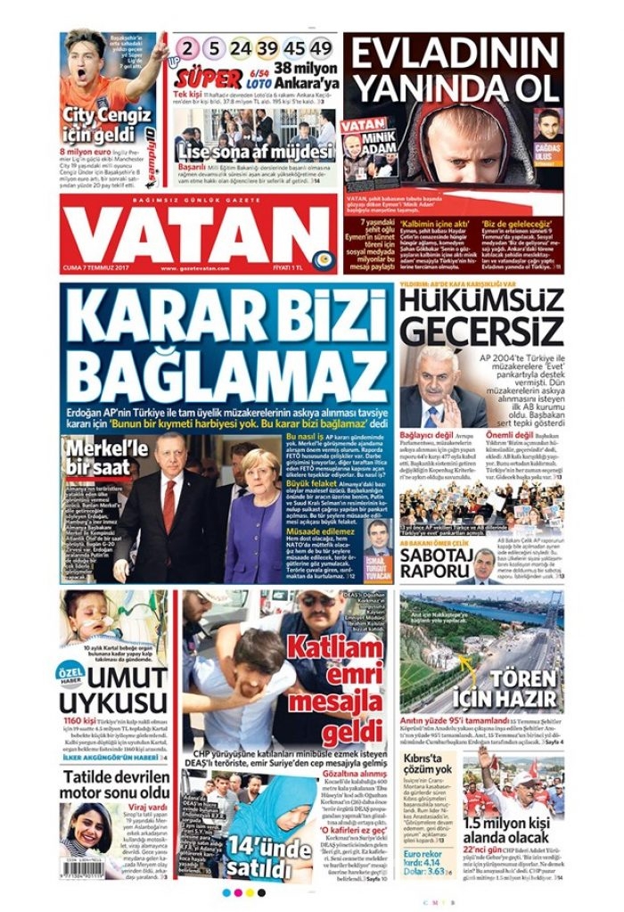 Günün gazete manşetleri 7 Temmuz 2017