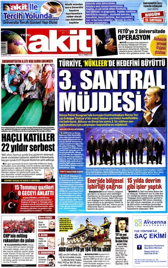 Günün gazete manşetleri 11 Temmuz 2017