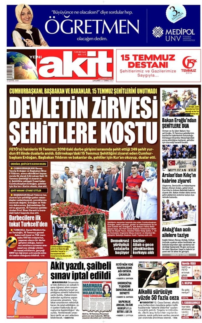 Günün gazete manşetleri 12 Temmuz 2017