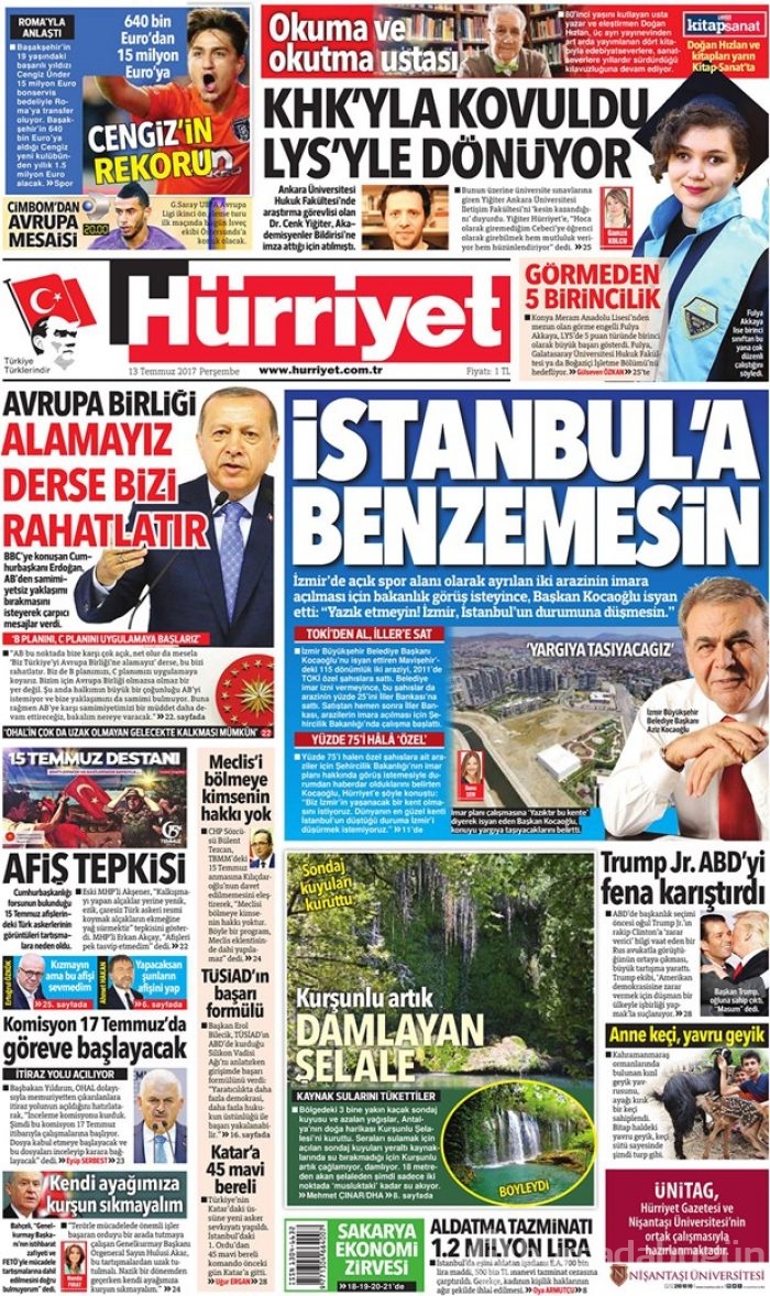 Günün gazete manşetleri - 13 Temmuz 2017