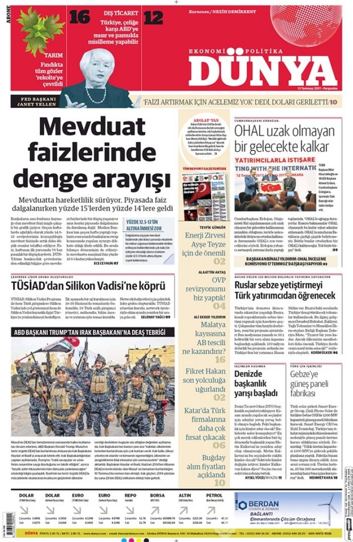 Günün gazete manşetleri - 13 Temmuz 2017