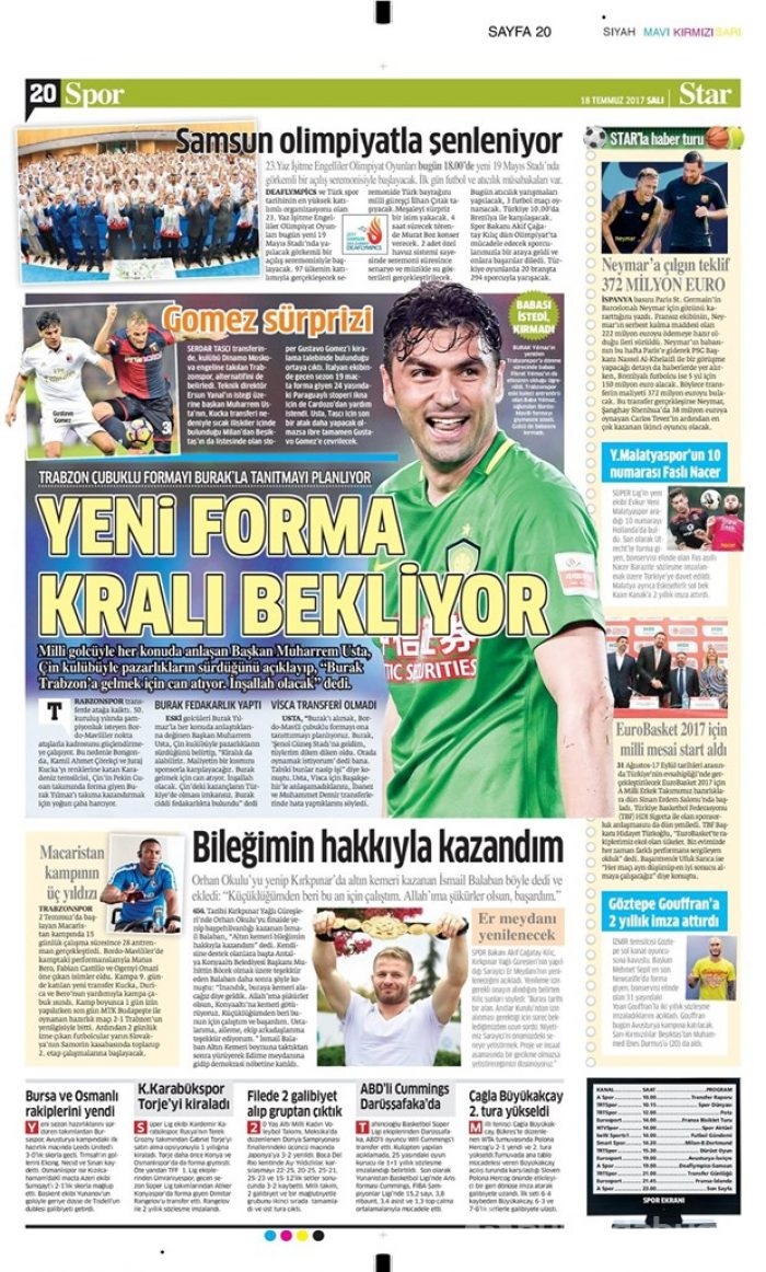 Günün spor gazeteleri (18 Temmuz 2017)