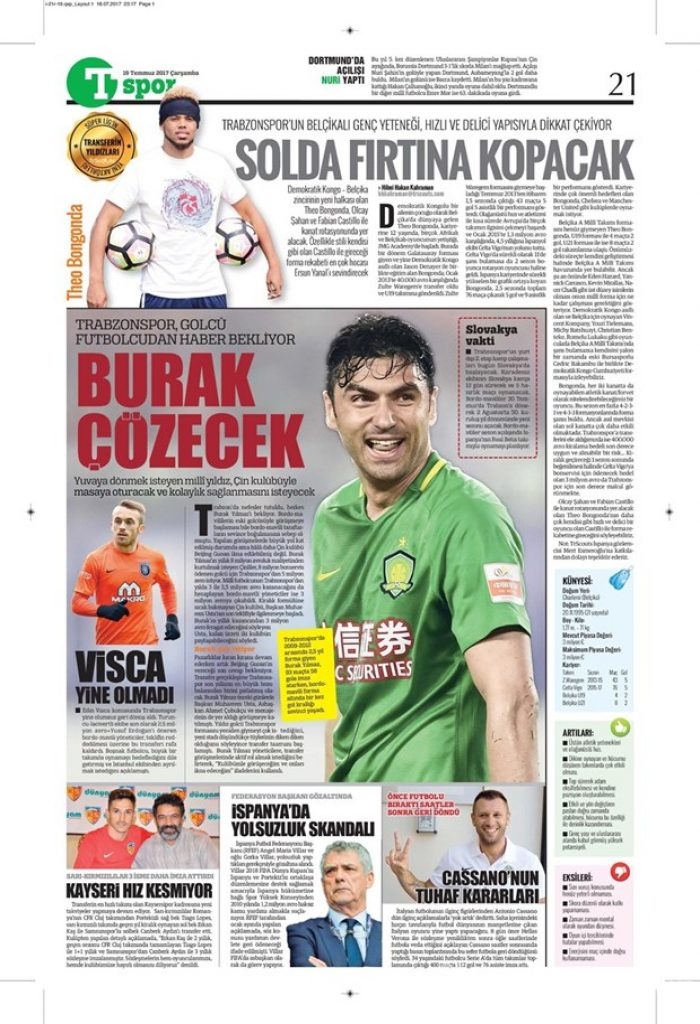 Günün spor gazeteleri (Transfer haberleri - 19 Temmuz 2017)