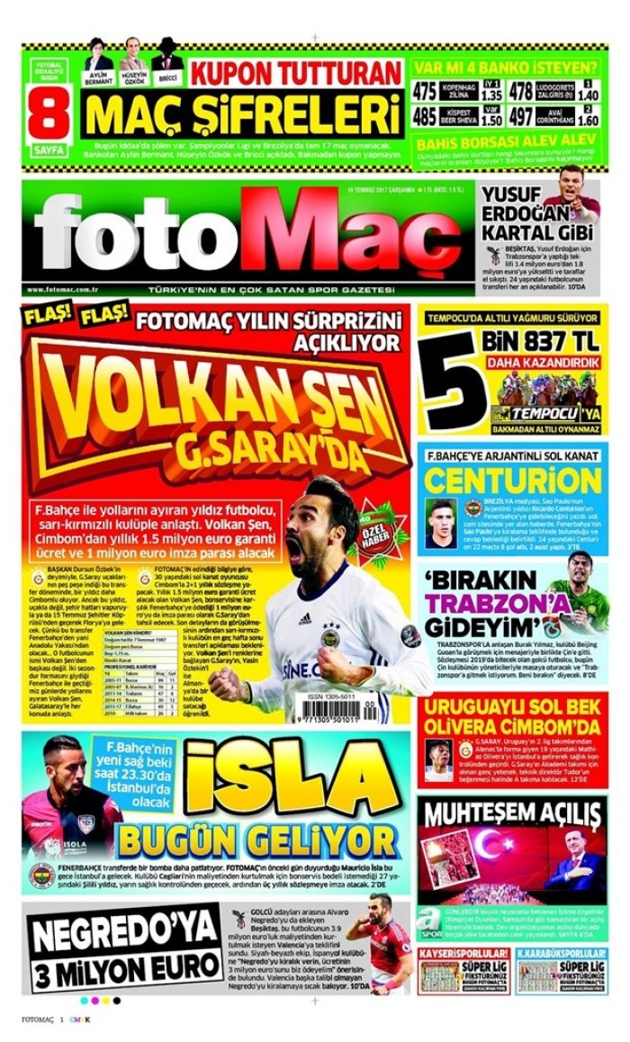 Günün spor gazeteleri (Transfer haberleri - 19 Temmuz 2017)