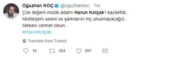 Ünlülerden Harun Kolçak'a veda mesajları