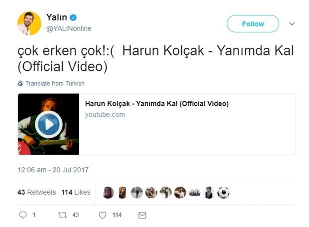 Ünlülerden Harun Kolçak'a veda mesajları