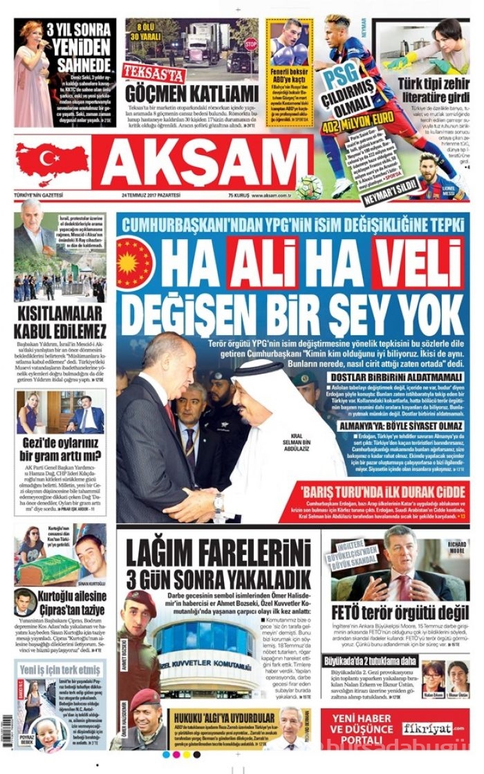 Günün gazete manşetleri 24 Temmuz 2017