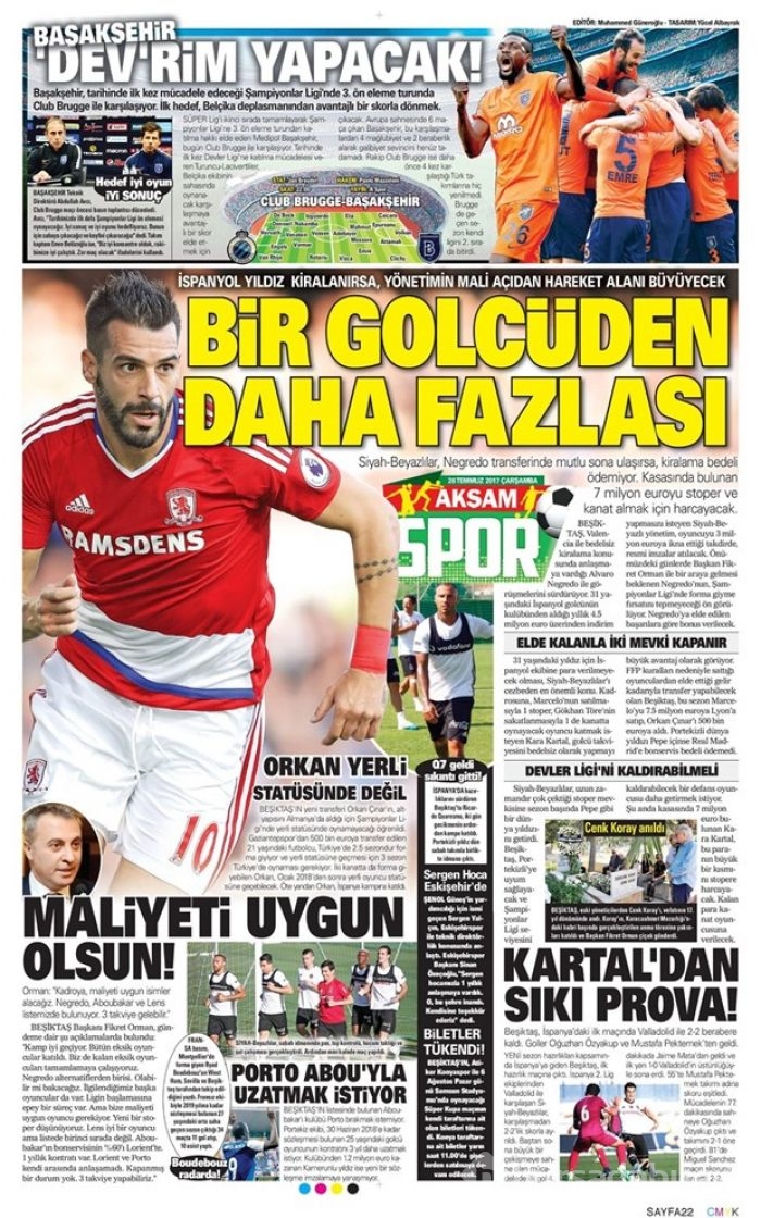 Günün spor gazeteleri ( 26 Temmuz 2017)