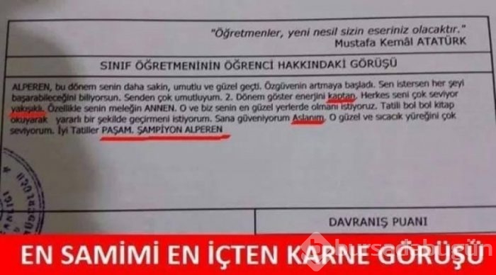 Öğretmenlerden öğrencilerine ilginç karne notu