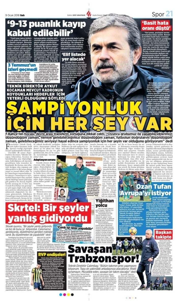 Günün spor gazeteleri (9 Ocak 2018)
