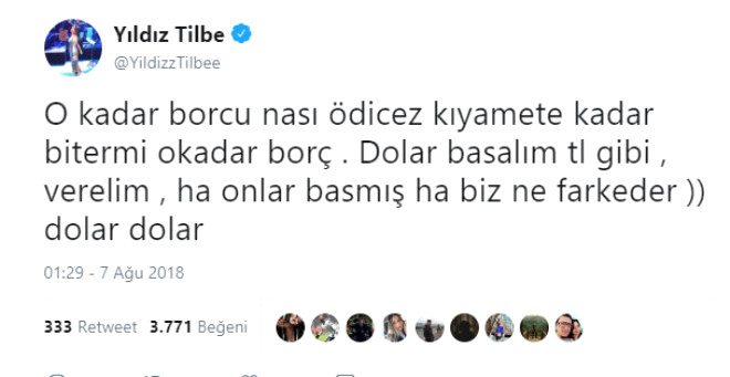 Yıldız Tilbe Dolar tweetleriyle sosyal medyayı salladı 