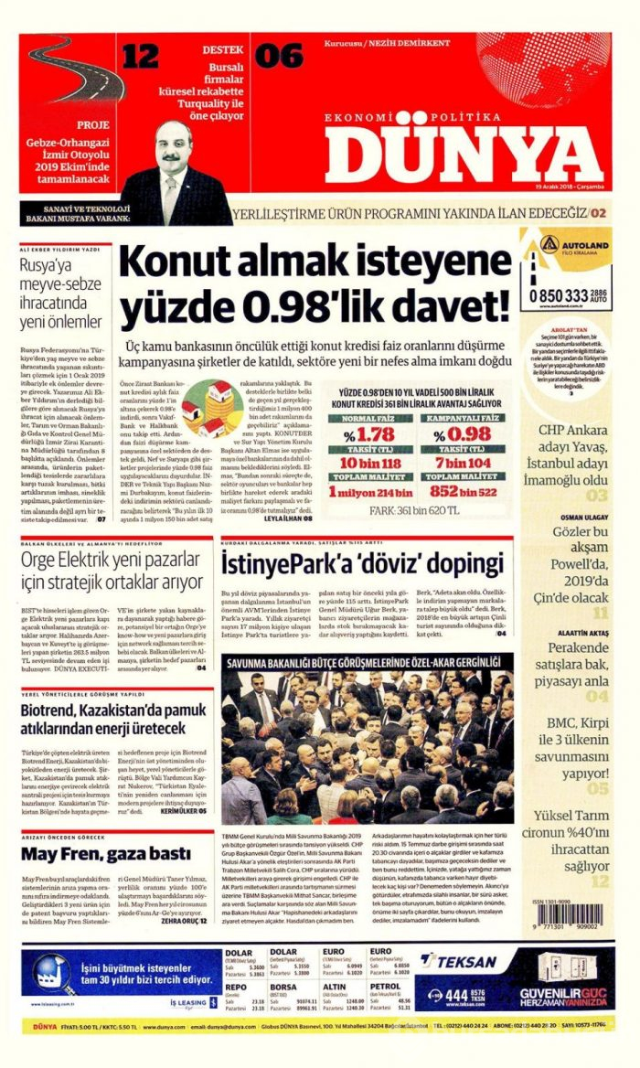 Günün gazete manşetleri 19 Aralık 2018