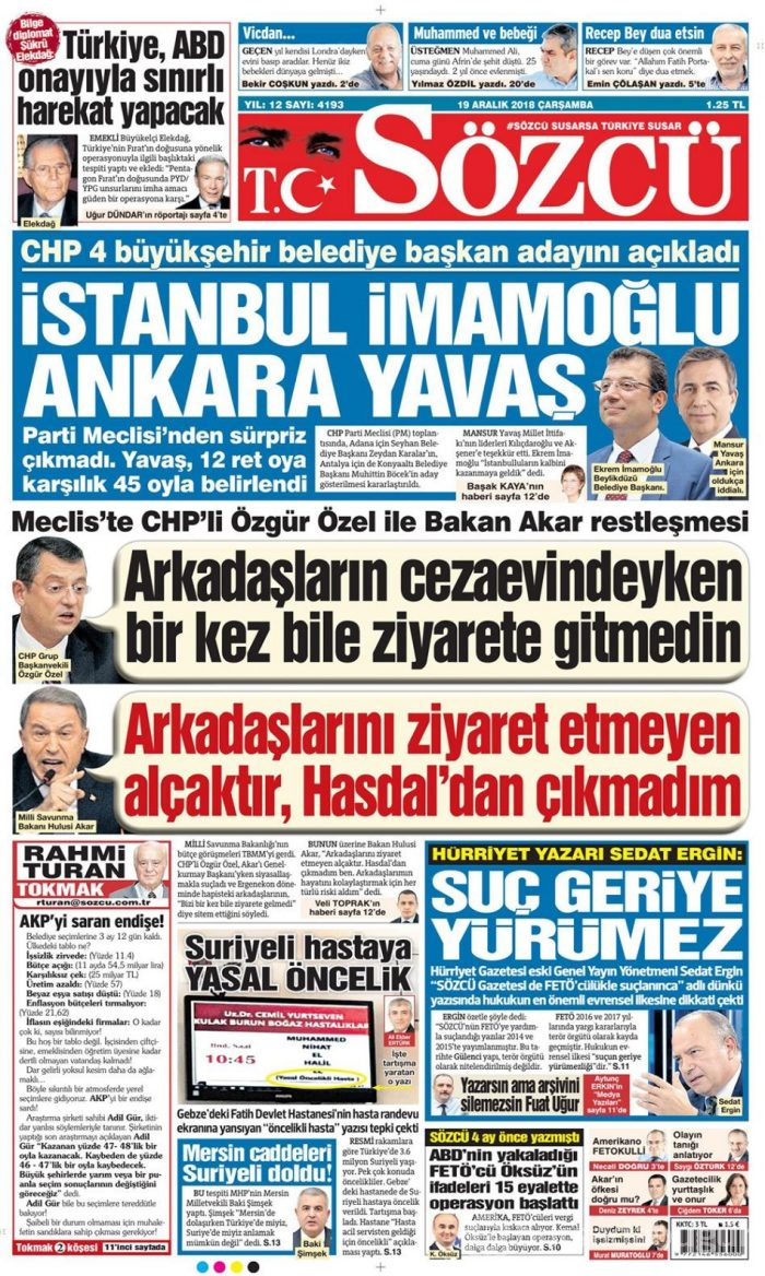 Günün gazete manşetleri 19 Aralık 2018