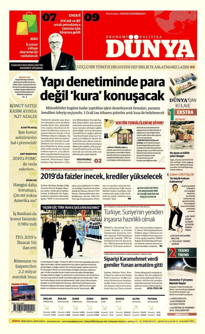Günün gazete manşetleri 21 Aralık 2018