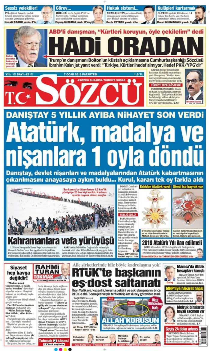 Günün gazete manşetleri - 7 Ocak 2019