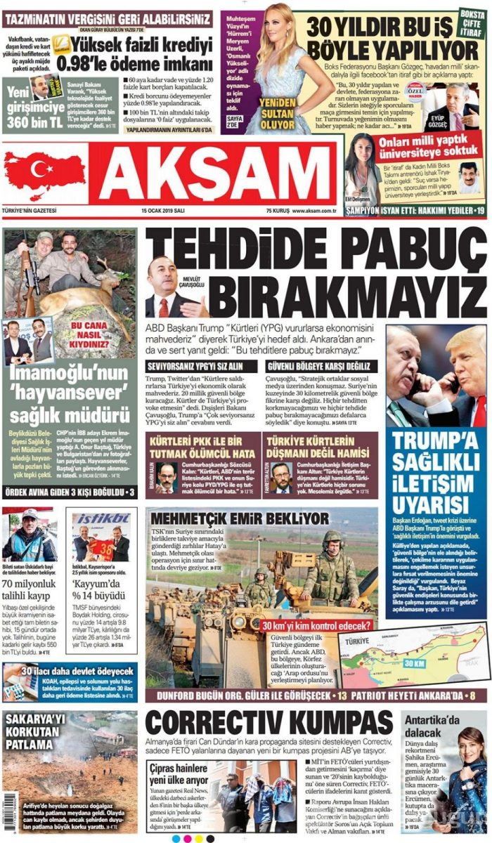 Günün gazete manşetleri - 15 Ocak 2019
