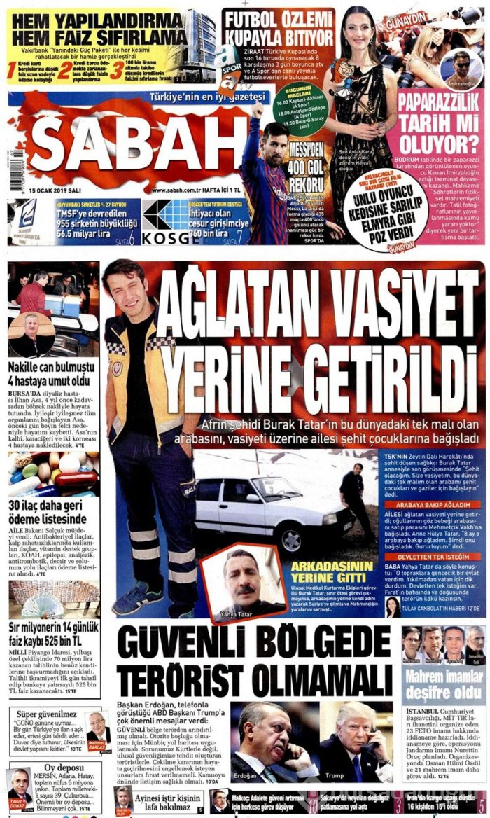 Günün gazete manşetleri - 15 Ocak 2019