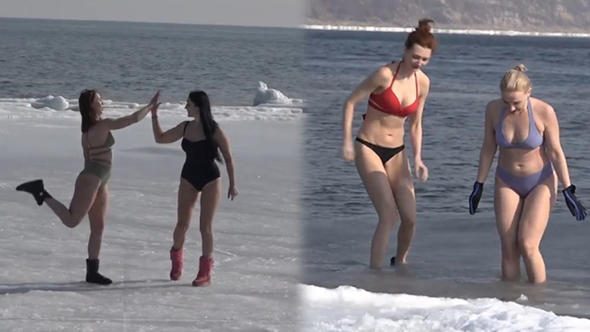 Rus yüzücüler buz gibi sulara daldı
