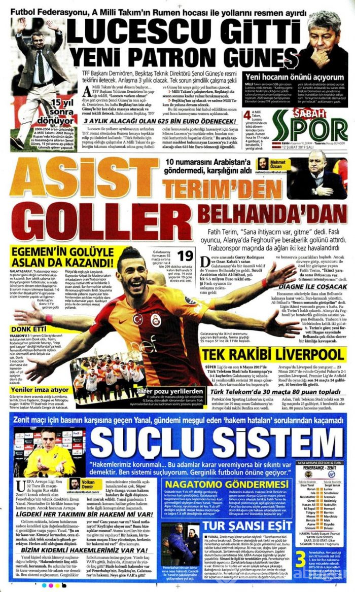Günün spor manşetleri (12 Şubat 2019)