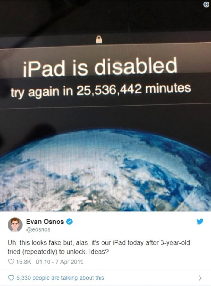 3 yaşındaki çocuk, babasının ipad'ini 48 yıllığına kilitledi!