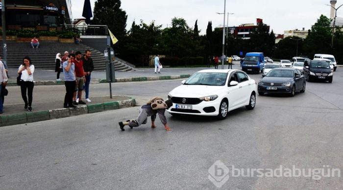 Kaplumbağa kostümüyle araçların önüne atladı