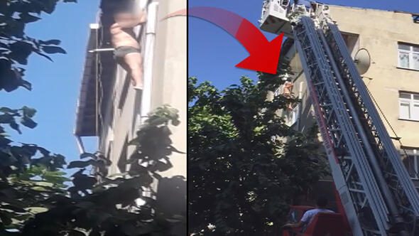 Gasptan kaçmak için yarı çıplak halde balkondan sarkan kişiyi itfaiye kurtardı
