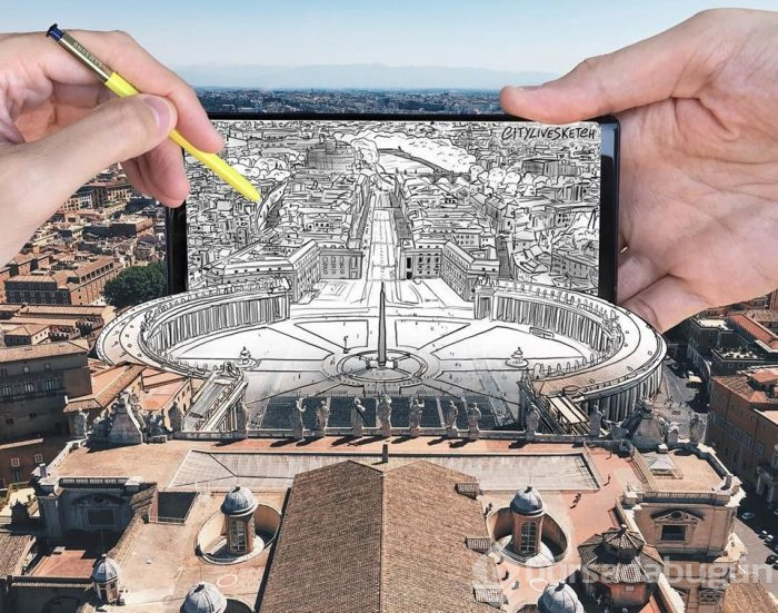 Seyahat fotoğraflarını eğlenceli çizimleriyle birleştiriyor (CityLiveSketch projesi)