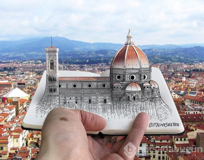 Seyahat fotoğraflarını eğlenceli çizimleriyle birleştiriyor (CityLiveSketch projesi)