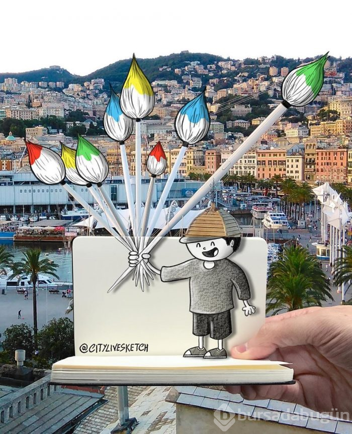 Seyahat fotoğraflarını eğlenceli çizimleriyle birleştiriyor (CityLiveSketch projesi)