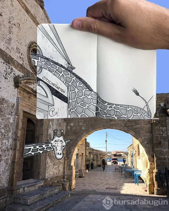 Seyahat fotoğraflarını eğlenceli çizimleriyle birleştiriyor (CityLiveSketch projesi)